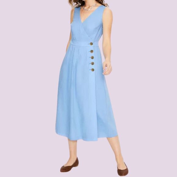 Boden Linen Midi Dress Arwen Wrap Blue V-Neck Size 8 Petite Preppy Beachy - Picture 1 of 8